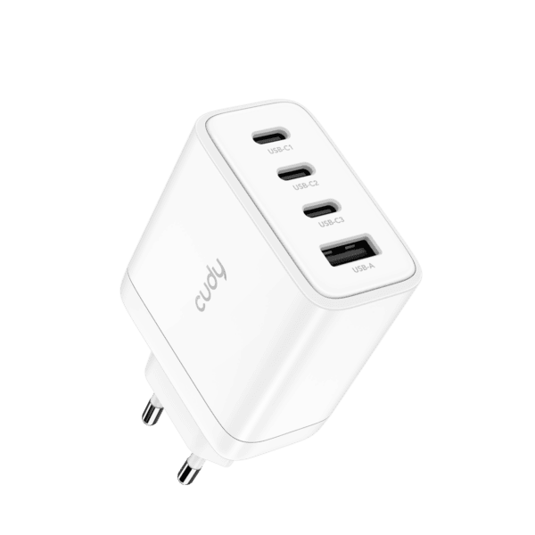 מטען קיר חכם 65W עם טכנולוגיית GaN, 4 יציאות לטעינה מהירה USB-C ו-USB-A, מתאים לטעינה של מכשירים מרובים בו זמנית, עיצוב קומפקטי ואיכותי.
