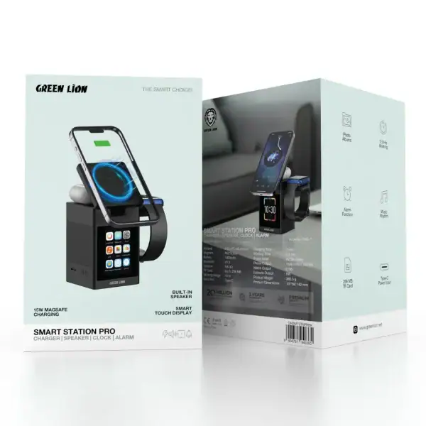 עמדת טעינה אלחוטית MagSafe 3-ב-1 עם רמקול Bluetooth ומסך LCD ירוק אריה, תואמת לאייפון, רמקול איכותי, עיצוב מודרני וקל לשימוש.