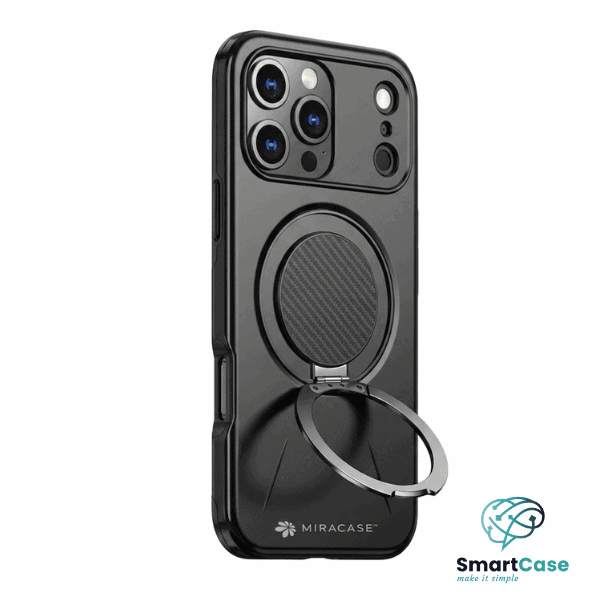 כיסוי מגנטי פלסטיק ל-iPhone 17 Pro Max עם מעמד בצבע שחור, דגם MIRAMAG, המשלב הגנה מעולה עם פונקציונליות של מעמד נוח לשימוש יומיומי.