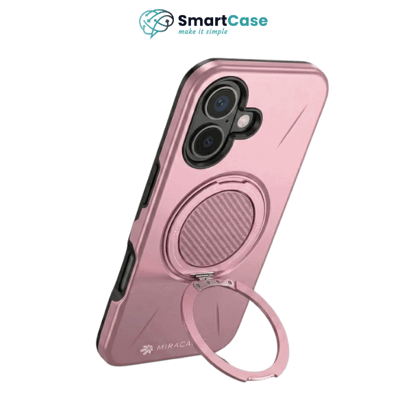 כיסוי מגנטי פלסטיק ל-iPhone 17 בצבע ורוד עם מעמד מובנה, מתאים לדגמי MIRAMAG, משפר את ההגנה והנוחות בשימוש.