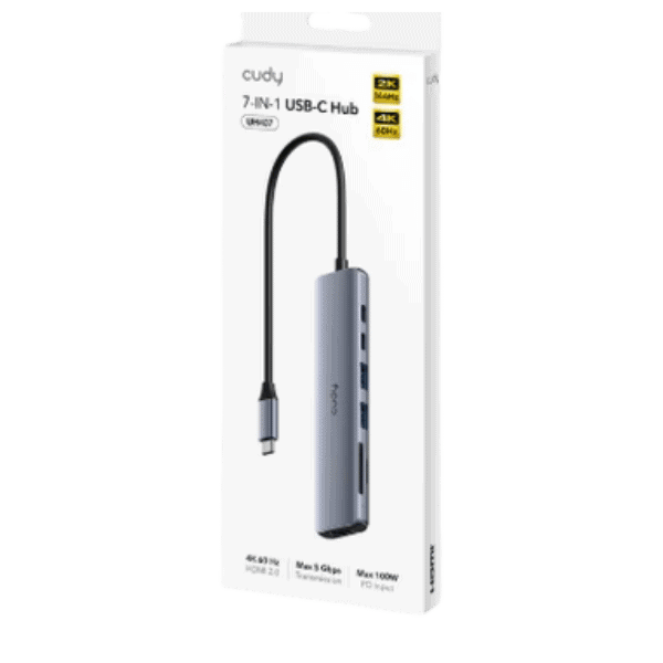 מפצל USB-C עם 7 יציאות כולל HDMI 4K וטעינה של 100W, מתאים למחשבים ניידים וטאבלטים, תומך ב-4K, עיצוב קומפקטי ואמין לשימוש יומיומי.