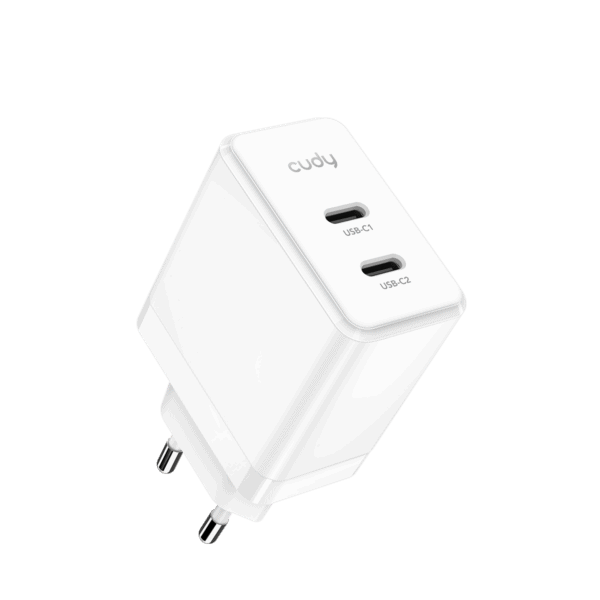 מטען קיר חכם 40W עם טכנולוגיית GaN ויציאות USB-C כפולות, מתאים לטעינה מהירה של מכשירים ניידים וטאבלטים, עיצוב קומפקטי ואיכותי מבית Cudy.
