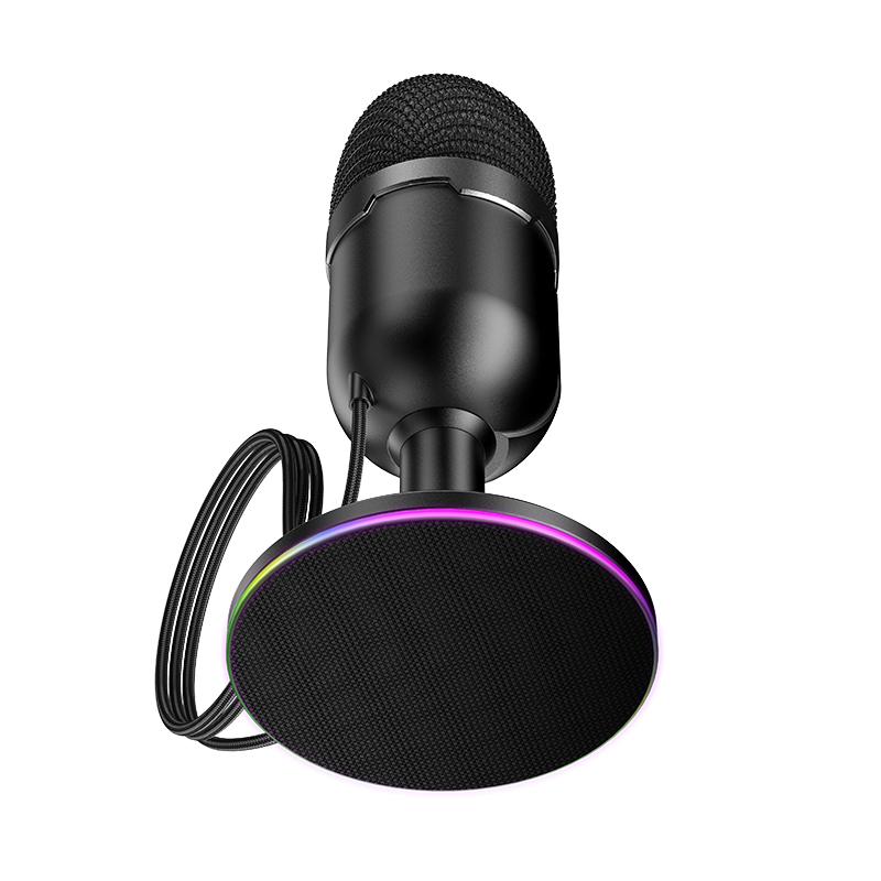 מיקרופון שולחני USB-A עם תאורת RGB HOCO L25, מתאים להקלטות ושידורים חיים, עם עיצוב מודרני ותאורה צבעונית ליצירת אווירה מקצועית.