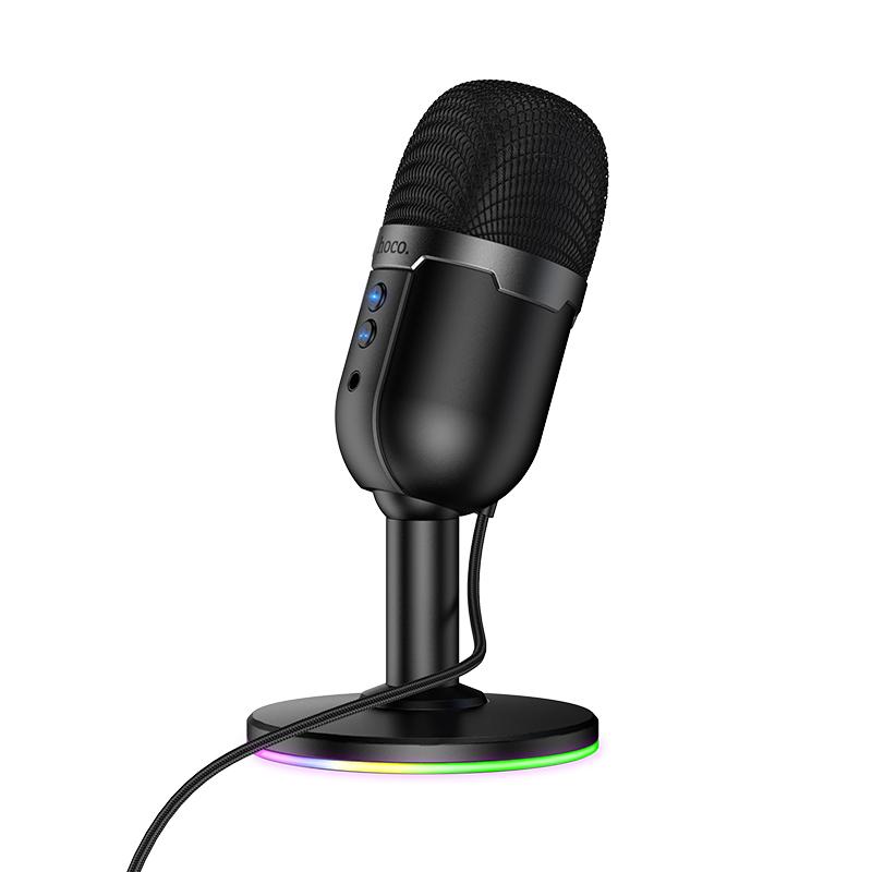 מיקרופון שולחני USB-A עם תאורת RGB, מתאים להקלטות ושידורים חיים, בעיצוב מודרני עם תאורה צבעונית.