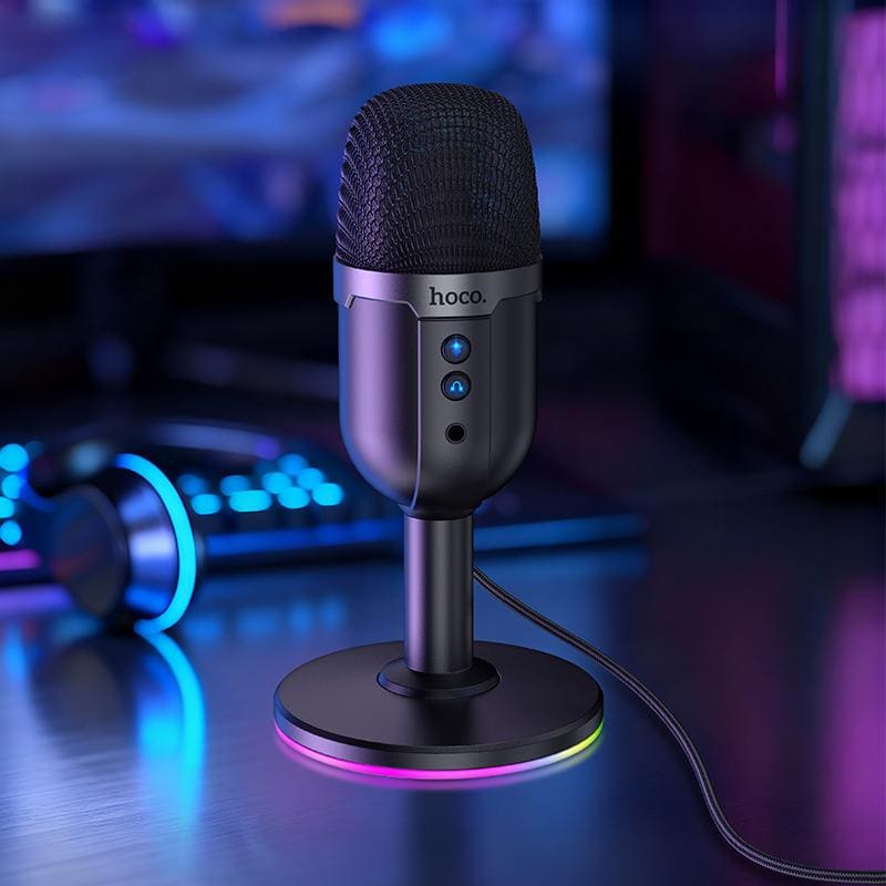 מיקרופון שולחני USB-A עם תאורת RGB HOCO L25, מתאים להקלטות ושידורים חיים, עם עיצוב מודרני ותאורה צבעונית ליצירת אווירה מקצועית ומושקעת.