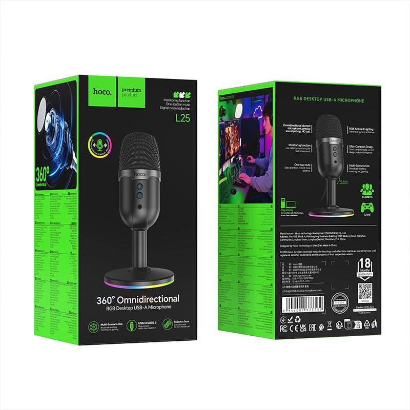 מיקרופון שולחני USB-A עם תאורת RGB, עיצוב מודרני ואיכותי, מתאים לשידורים, הקלטות ומשחקים, עם תאורה צבעונית ומיקרופון איכותי לדיוק קול מרבי.