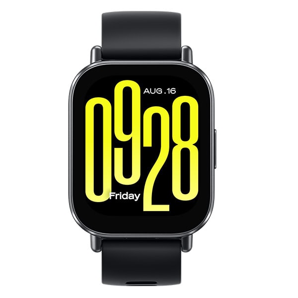 שעון חכם Xiaomi Redmi Watch 5 Active בצבע שחור עם תצוגה דיגיטלית גדולה ומוארת, מציג תאריך, שעה ומידע בריאותי.