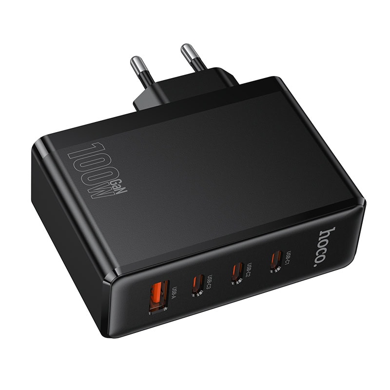 מטען קיר מהיר 100W עם 4 יציאות USB-C ו-USB-A של HOCO N85, מתאים לטעינה מהירה של מכשירים ניידים וטלפונים חכמים.
