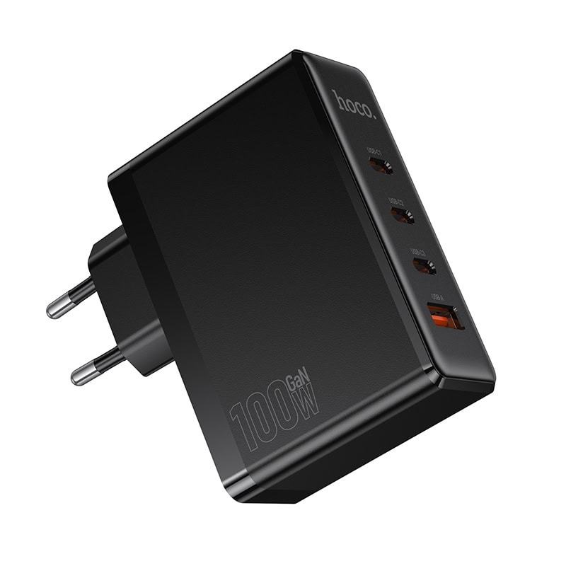 מטען קיר מהיר 100W עם 4 יציאות USB-C ו-USB-A של HOCO N85, מתאים לטעינה מהירה של מכשירים ניידים וטלפונים.