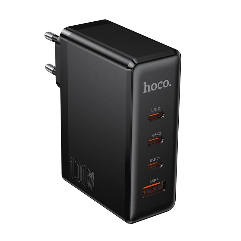 מטען קיר מהיר 100W עם 4 יציאות USB-C ו-USB-A של HOCO N85, מתאים לטעינה מהירה של מכשירים ניידים וטאבלטים.