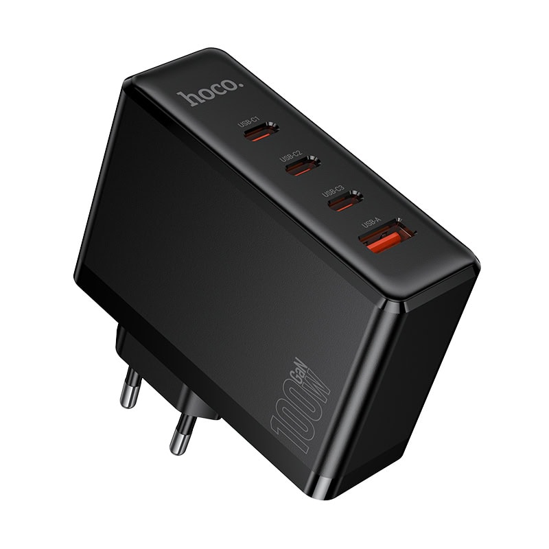 מטען קיר מהיר 100W עם 4 יציאות USB-C ו-USB-A של HOCO N85, מתאים לטעינה מהירה ומגוון מכשירים אלקטרוניים.