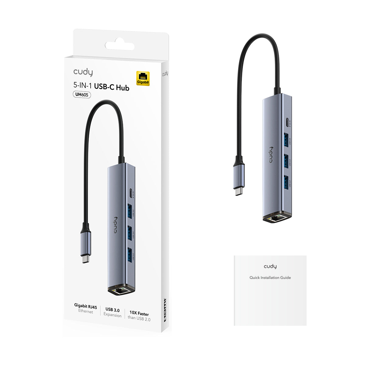 מתאם USB-C ל-4 יציאות USB 3.0 עם חיבור Gigabit Ethernet, תומך במהירות עד 10X מהיר יותר, מתאים למחשבים ניידים ולמכשירים חכמים.