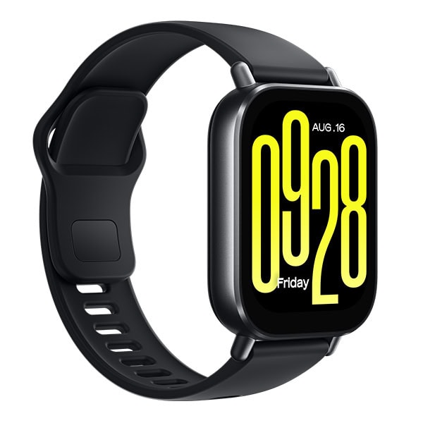 שעון חכם Xiaomi Redmi Watch 5 Active בצבע שחור עם תצוגה דיגיטלית גדולה ומסגרת מתכתית עמידה.