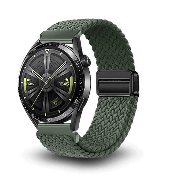 שעון חכם סמסונג Galaxy Watch 5 Pro עם רצועת סרוגה ירוקה ומסך מואר, מתאים לפעילות ספורטיבית ובריאות.