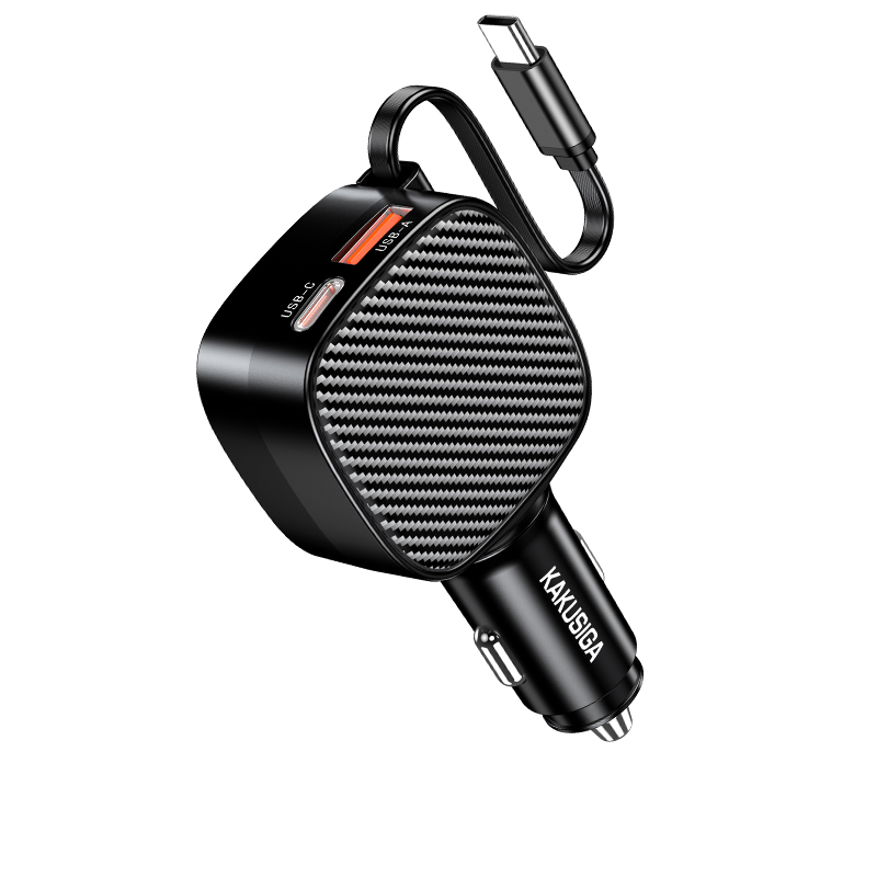 מטען לרכב 70W עם שני יציאות USB וכבל נשלף, מתאים לטעינה מהירה של מכשירים ניידים ברכב.