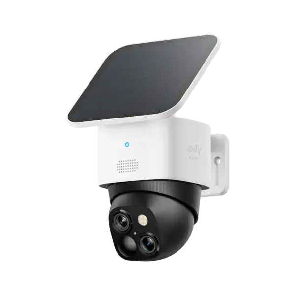 מצלמת אבטחה סולארית 3K עם זיהוי תנועה של Anker Eufy SoloCam S340 לבן, עם סוללה נטענת ומערכת זיהוי תנועה מתקדמת.