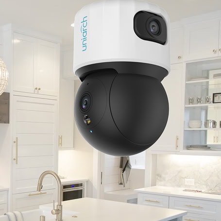 מצלמת אבטחה אלחוטית דו-עדשה Wi-Fi 5MP עם ראיית לילה, מתאימה לשימוש בבית ולמשרד, מבית Uniarch Uho-S3S-M55F36D.