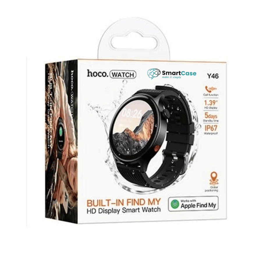 שעון חכם Hoco Y46 שחור עם תכונות Find My ו-Bluetooth, עמיד במים IP67, מסך HD, סוללה ל-5 ימים, תומך בשיחות ומעקב GPS.