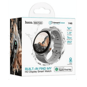 שעון חכם Hoco Y46 עם תכונות Find My, שיחות Bluetooth, עמידות במים IP67, תצוגה HD, סוללה ל-5 ימים, תומך ב-Apple Find My, עיצוב מודרני בצבע שחור.