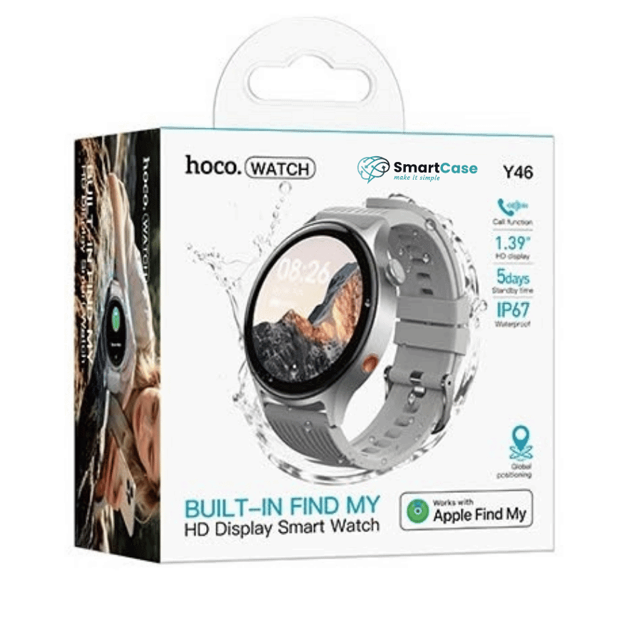 שעון חכם Hoco Y46 עם תכונות Find My, שיחות Bluetooth, עמידות במים IP67, תצוגה HD, סוללה ל-5 ימים, תומך ב-Apple Find My, עיצוב מודרני בצבע שחור.