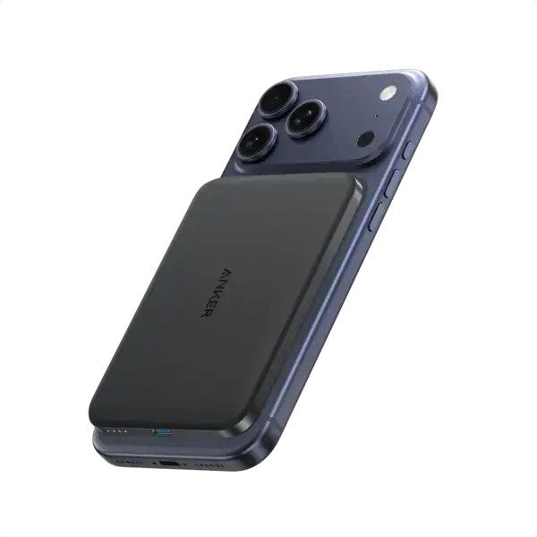 סוללת גיבוי אלחוטית מגנטית 5000mAh עם טעינה מהירה ל-iPhone ו-Android, תואמת ל-Qi2, בעיצוב שחור אלגנטי.