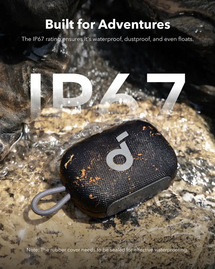 רמקול בלוטות' עמיד במים עם דירוג IP67, מתאים לשימוש בחוץ, עם כיסוי גומי עמיד ומעוצב לשרידות במים ואבק.