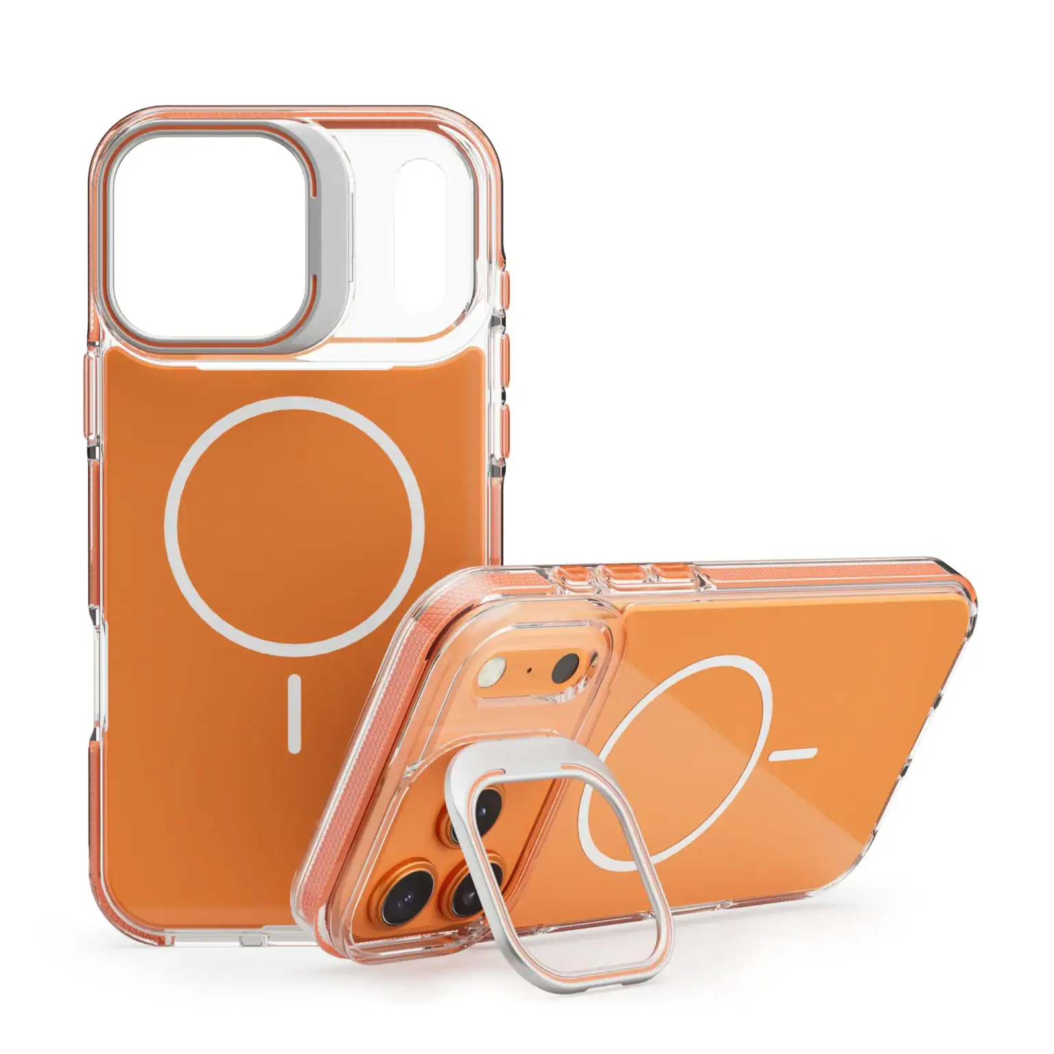 כיסוי שקוף עם חלון MagSafe ל-iPhone 17 Pro Max בצבע כתום נאנוק קליר אורסז עם טבעת מתכת לתמיכה.