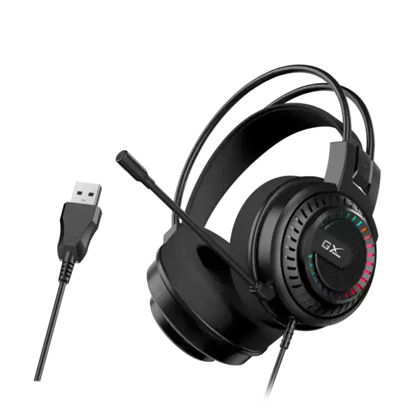 אוזניות גיימינג חוטיות USB-A עם תאורת RGB שחורה, מיקרופון נשלף, עיצוב נוח, איכות שמע גבוהה, מתאים לגיימרים מקצועיים.