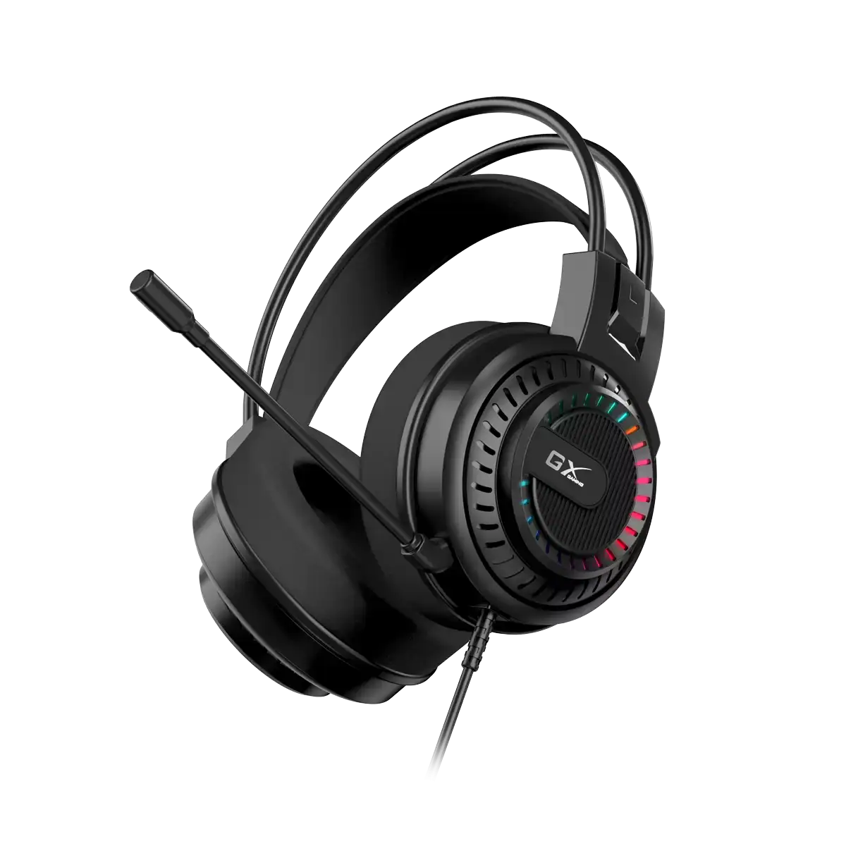 אוזניות גיימינג חוטיות USB-A עם תאורת RGB שחורה, איכות סאונד גבוהה ונוחות לשימוש ממושך.