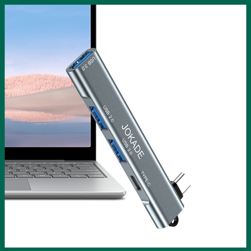 מפצל Type-C אלומיניום 4 ב-1 עם USB 3.0 ו-USB 2.0, מתאים לחיבורי מחשב ניידים וטאבלטים.