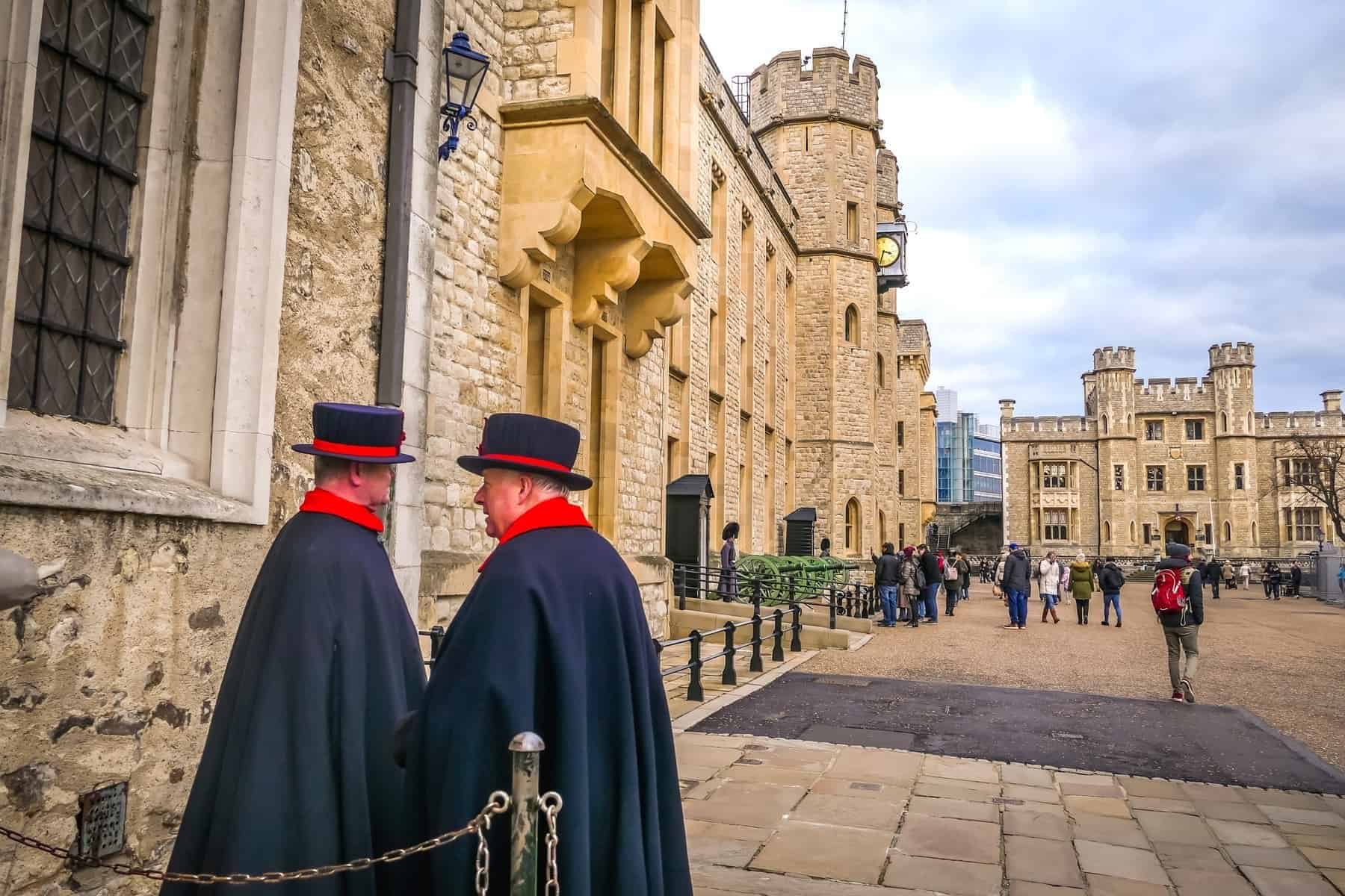 Two Yeomen Warders at Tower of London. Yeomen Warders also known as Beefeaters are ceremonial guardians of the Tower of London.Her Majesty's Royal Palace and Fortress the Tower of London in London.