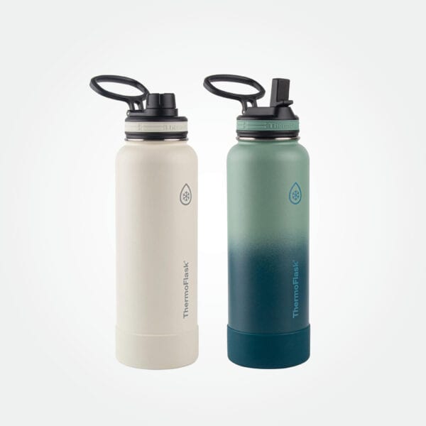 Thermoflask 40oz Stainless Steel Insulated Water Bottles with Straw and Spout Lids, 2-pack, Off White/Glade Green