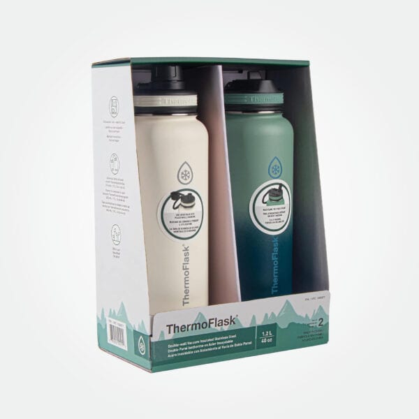 Thermoflask 40oz Stainless Steel Insulated Water Bottles with Straw and Spout Lids, 2-pack, Off White/Glade Green - Image 2