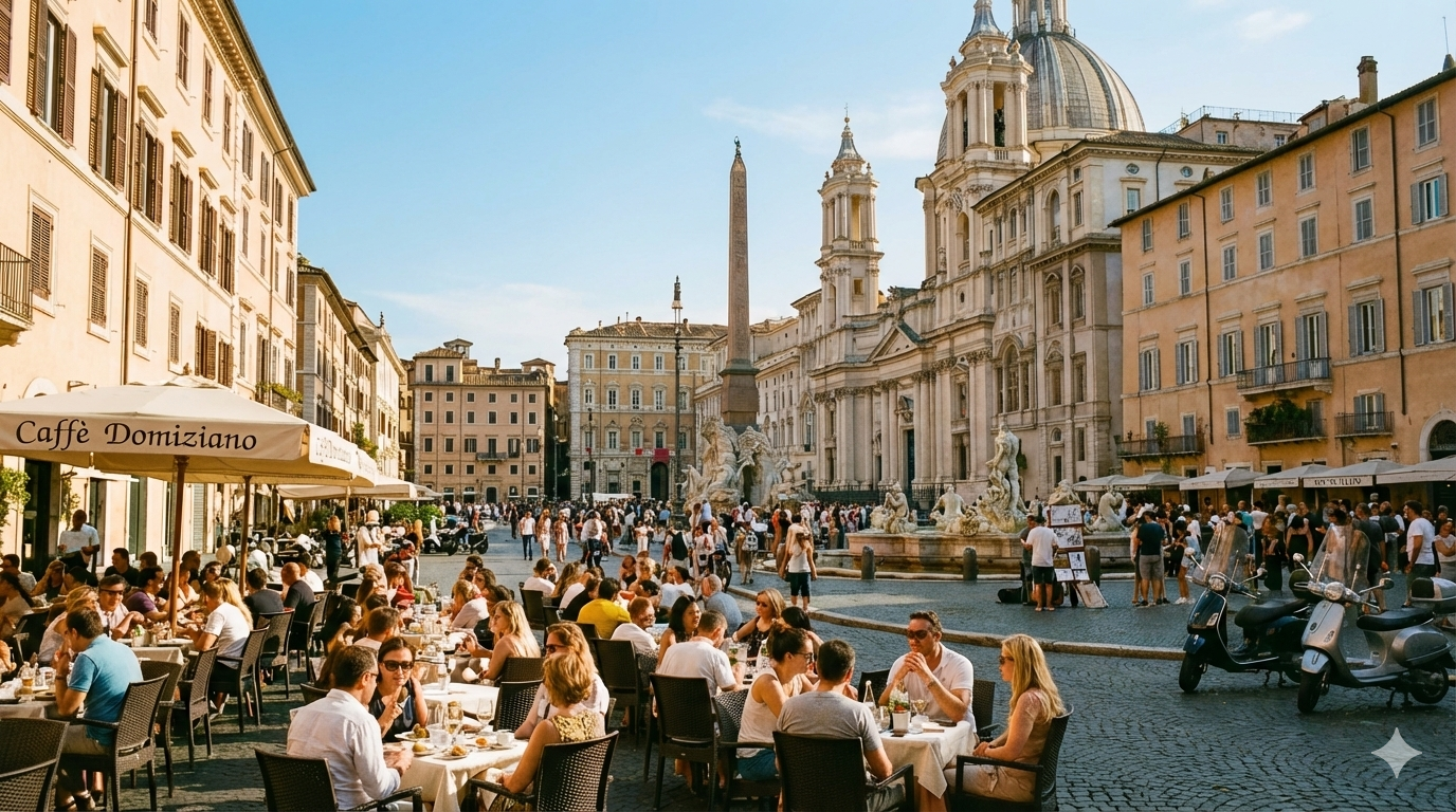 Piazza Navona i Rom — barokpladsen om aftenen, hvor lokale og rejsende mødes