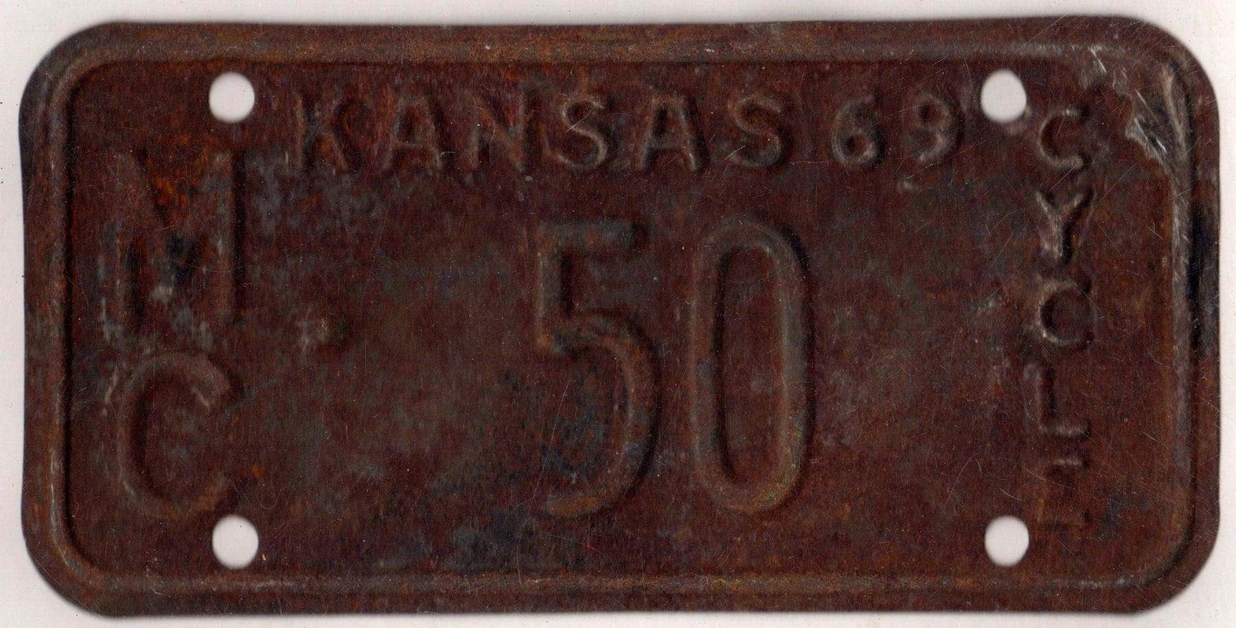 Kansas 1969 motorcycle license plate Mitchell county #MC-50