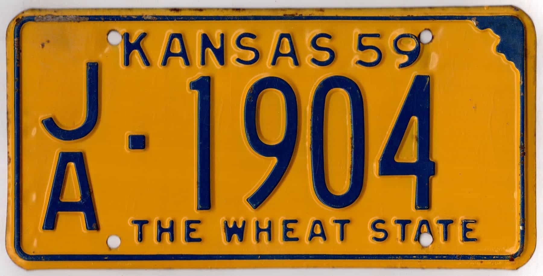 Kansas 1959 car license plate Jackson county #JA-1904