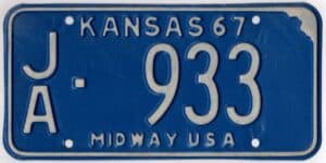 Kansas 1967 car license plate Jackson county #JA-933