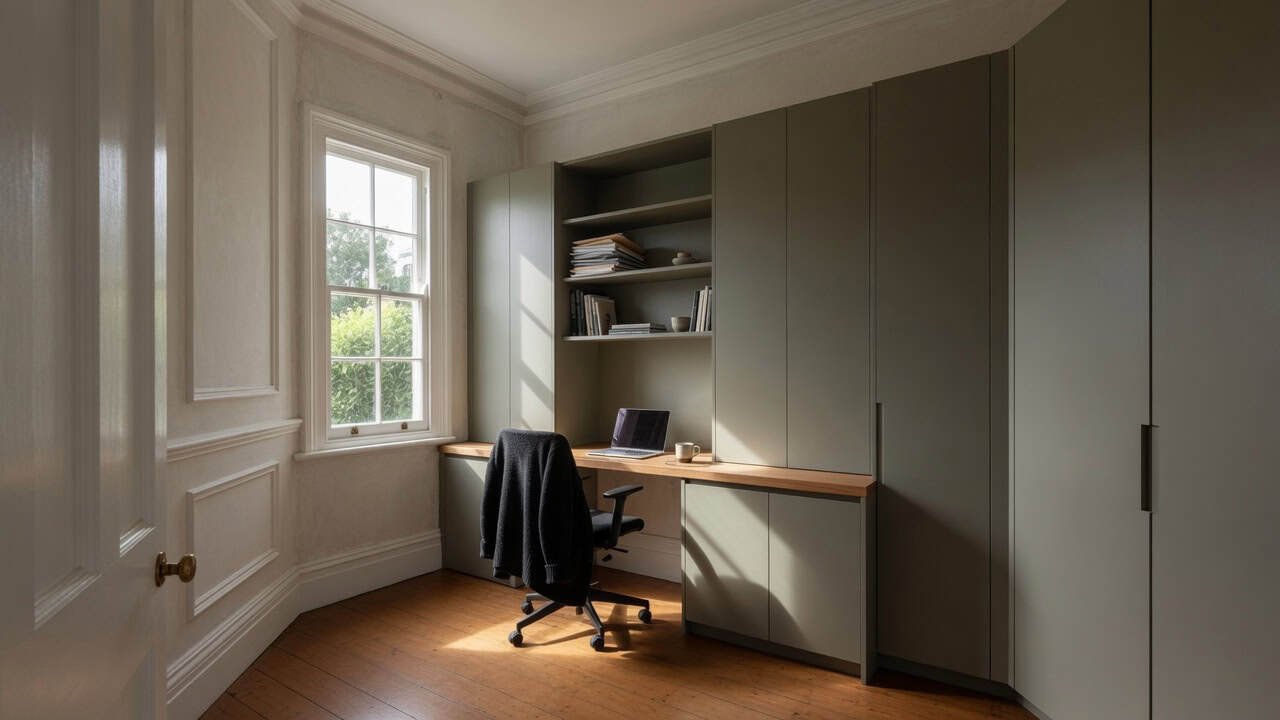 Custom home office cabinetry in an Auckland home with a built-in desk, integrated shelving and concealed storage
