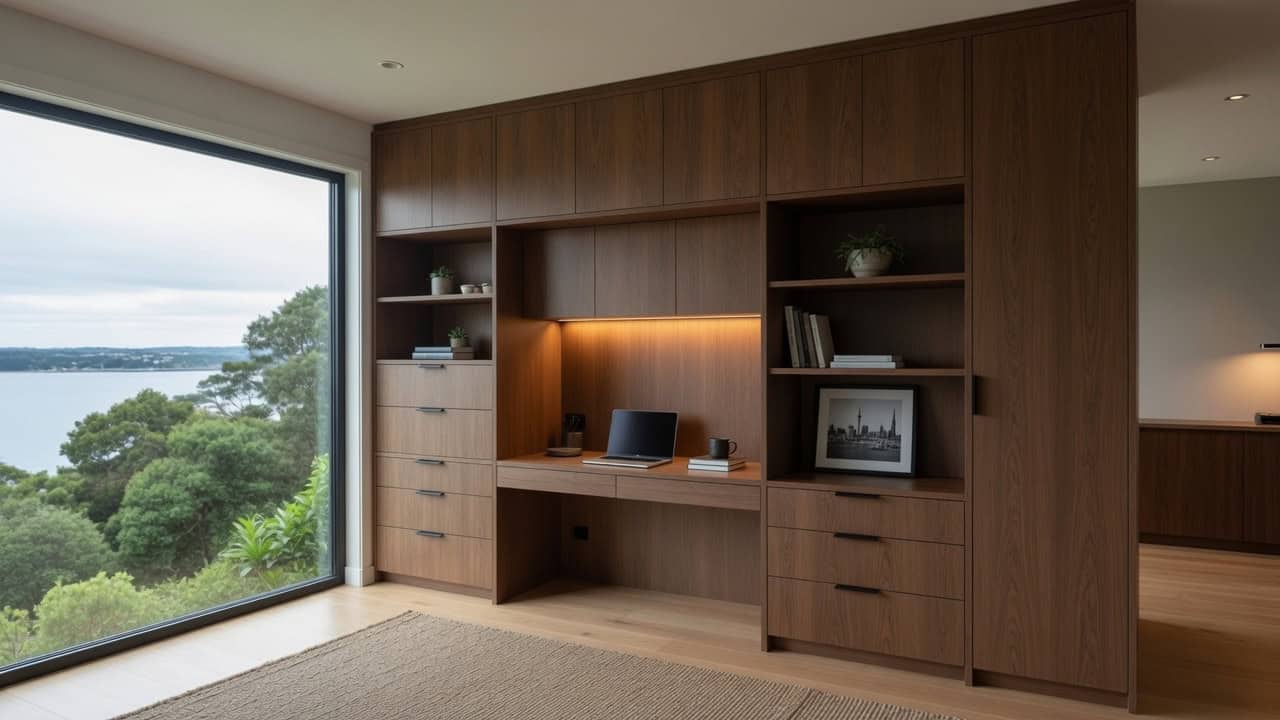 Full-wall custom home office cabinetry with drawers, closed storage and integrated desk in an Auckland new build