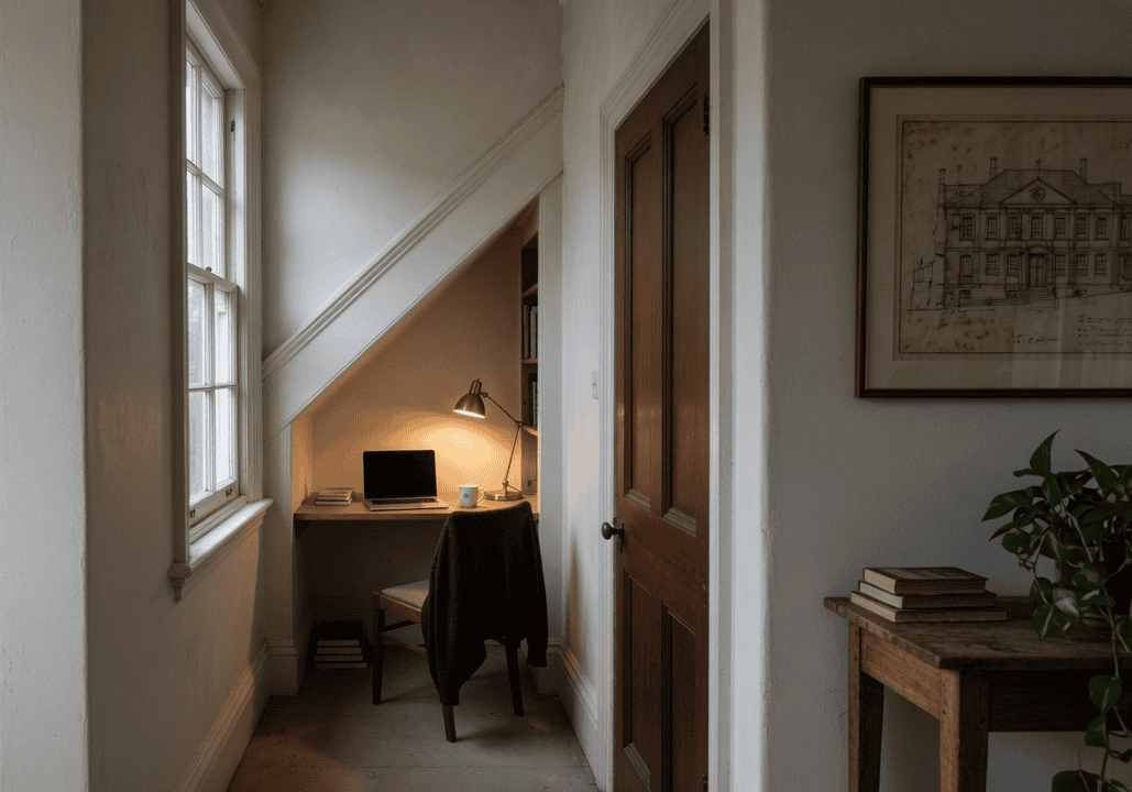 Under-stair study nook with custom home office cabinetry scribed to fit a character villa in Auckland