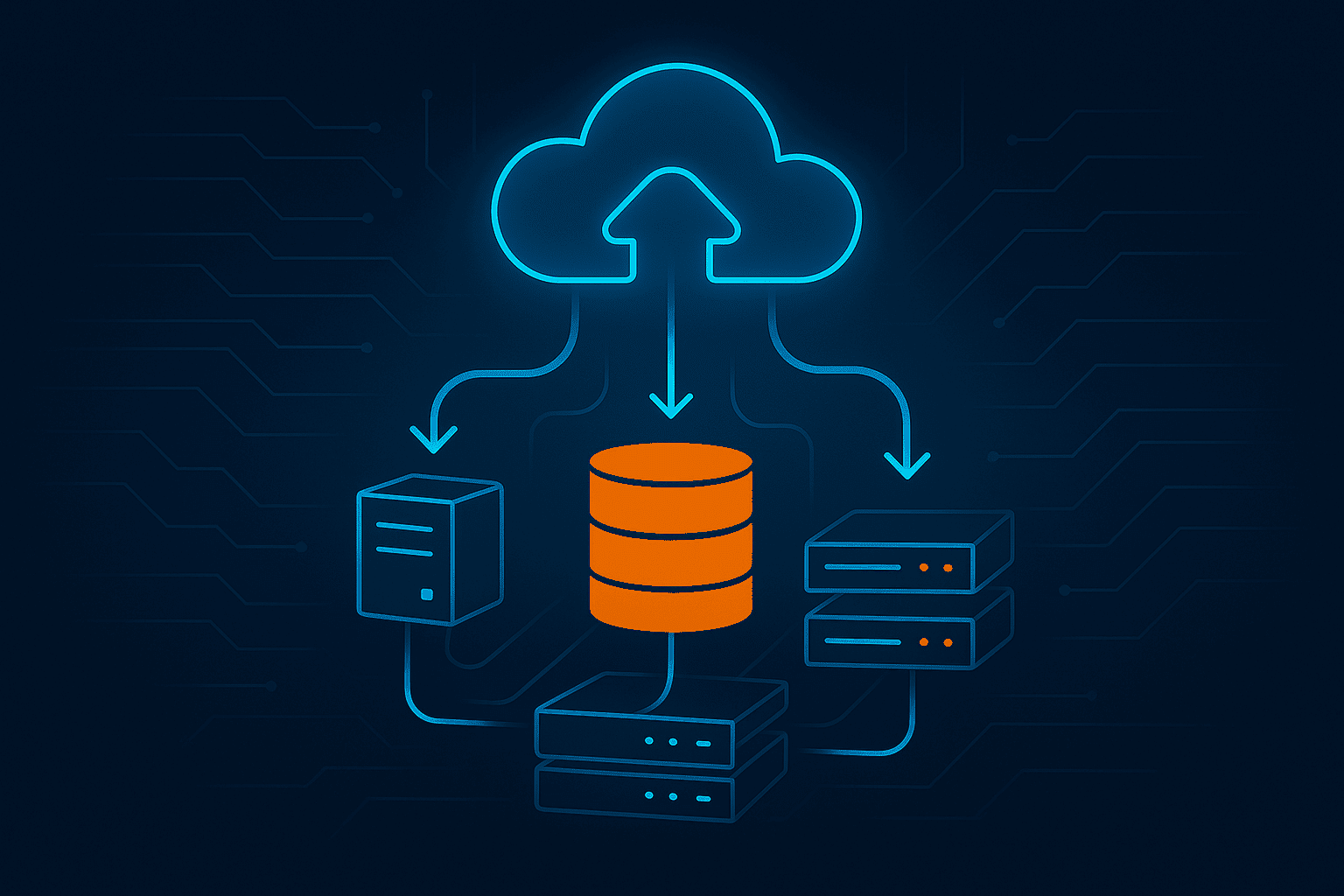 Illustration for the blog “A Step-by-Step Guide to Cloud Migration Strategies,” showing glowing servers and databases connected by neon lines to a central cloud icon with upward arrows, symbolizing cloud migration.