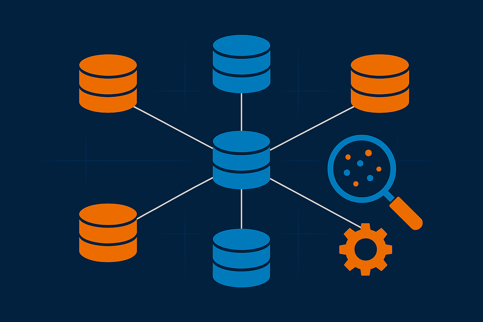Flat illustration for the blog “What is Data Mesh? Does My Organization Need It?” showing interconnected orange and blue database icons, a magnifying glass, and a gear on a dark background.