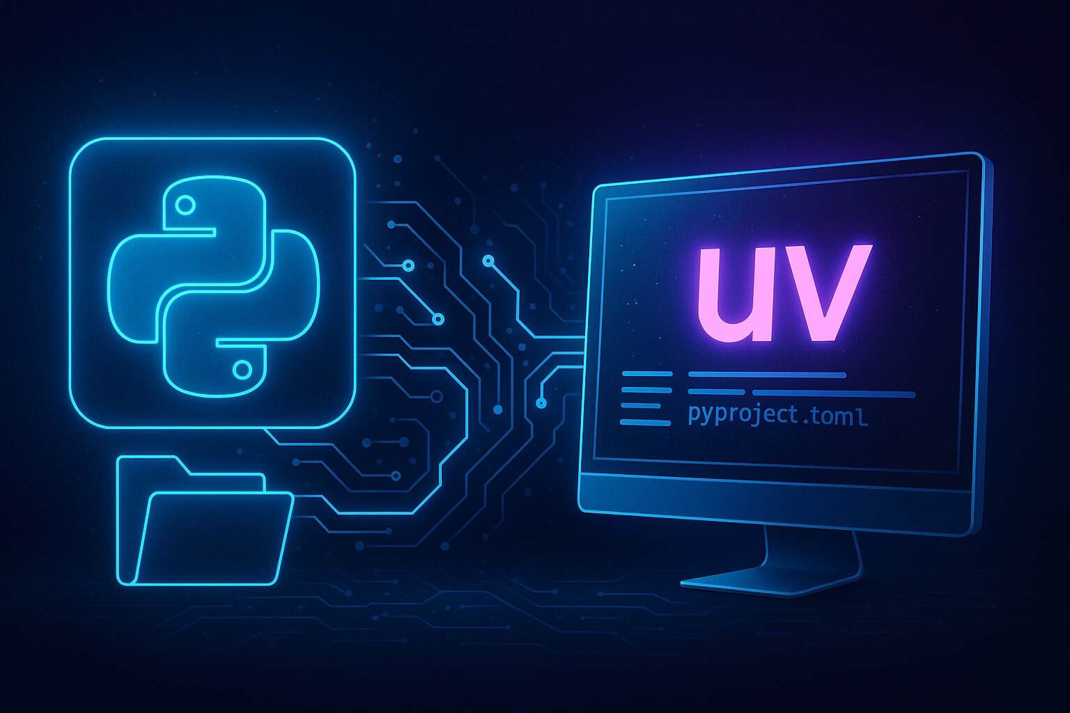 Futuristic digital illustration representing Python’s UV package manager from an R developer’s perspective. A glowing neon-blue Python logo and folder connect through circuit-like pathways to a monitor displaying the word “uv” in bright purple with configuration lines, symbolizing fast, reproducible, and unified package management across data science environments.