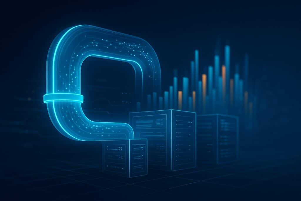 Modern futuristic artwork of a glowing data pipeline connecting to illuminated server racks, representing high-speed data flow and real-time analytics. The blue neon 3D pipeline and holographic network architecture evoke the optimization of ETL processes, cloud efficiency, and automation across data systems.