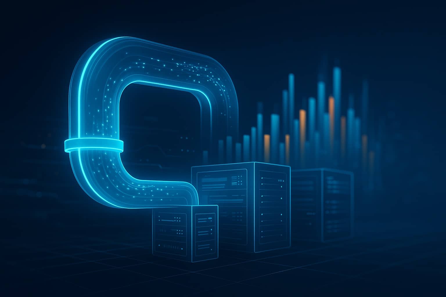 Modern futuristic artwork of a glowing data pipeline connecting to illuminated server racks, representing high-speed data flow and real-time analytics. The blue neon 3D pipeline and holographic network architecture evoke the optimization of ETL processes, cloud efficiency, and automation across data systems.