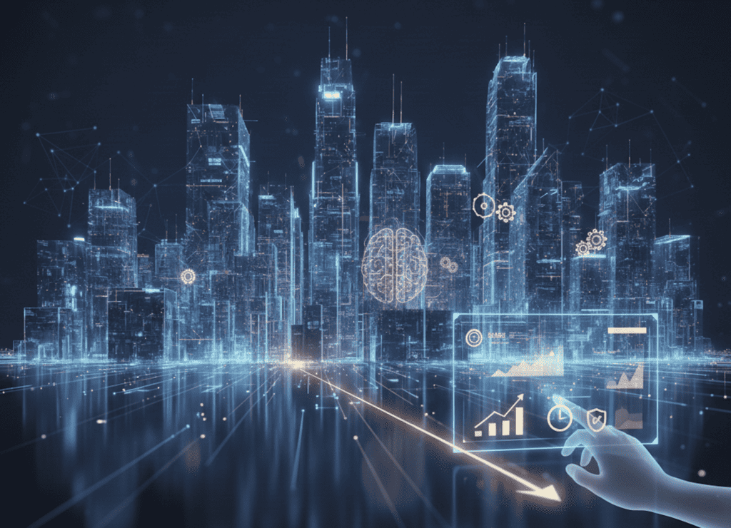 A wide landscape digital illustration for a blog titled "Turning AI Potential into Impactful Business Use Cases". The image features a futuristic, glowing blue cityscape representing a data-driven "frontier firm". In the foreground, a translucent human hand interacts with a holographic interface displaying data charts and AI icons, symbolizing the transition from human assistants to autonomous, agent-led operations.