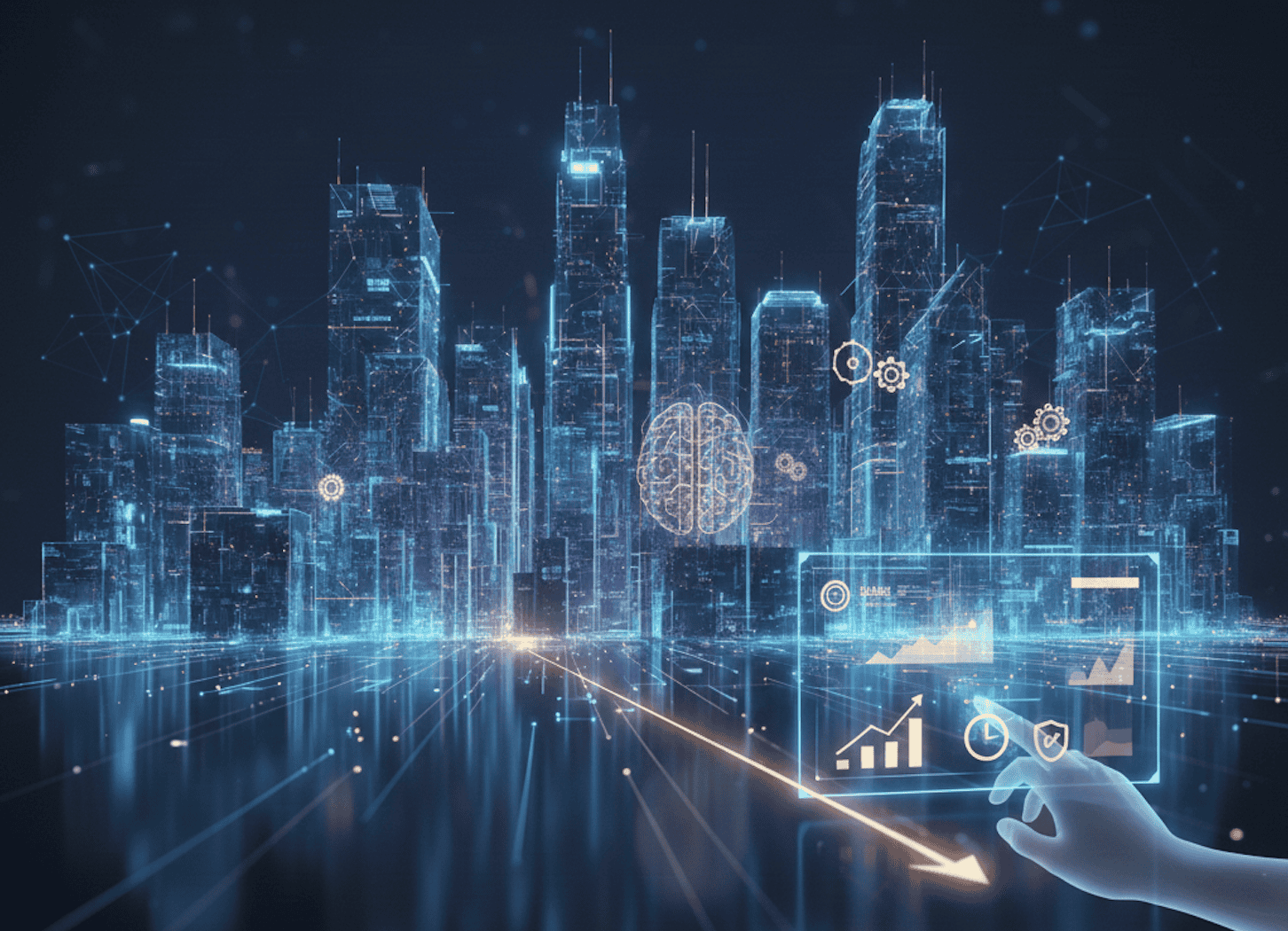 A wide landscape digital illustration for a blog titled "Turning AI Potential into Impactful Business Use Cases". The image features a futuristic, glowing blue cityscape representing a data-driven "frontier firm". In the foreground, a translucent human hand interacts with a holographic interface displaying data charts and AI icons, symbolizing the transition from human assistants to autonomous, agent-led operations.