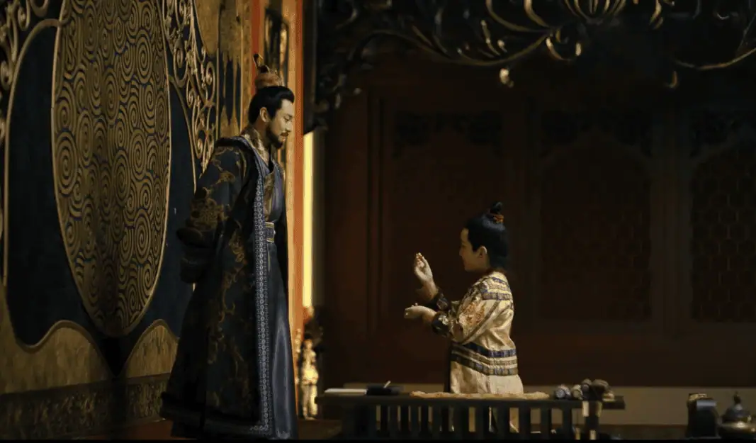 Depiction of Tuoba Hong and his young son Tuoba Huang, engaged in a father-son interaction inside a grand hall decorated with intricate patterns
