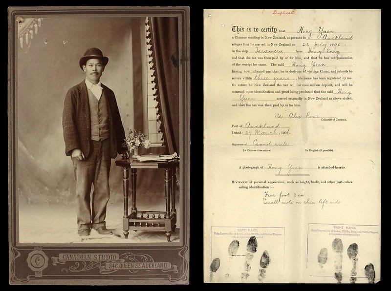 Historical certificate documenting the poll tax imposed on Chinese immigrants in Australia, a restrictive measure affecting Siyi gold miners during the 19th-century Australian gold rush.