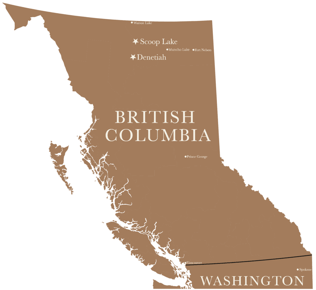 Map of British Columbia and Washington with key lakes marked.